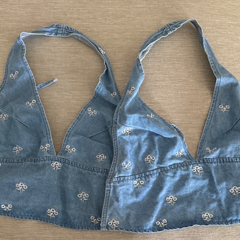 Denim Embroidered Halter Crop Top - Blue